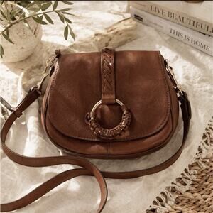 Cognac Genuine Leather Saddle Crossbody Bag Boho Woven Ring Anthropologie Style